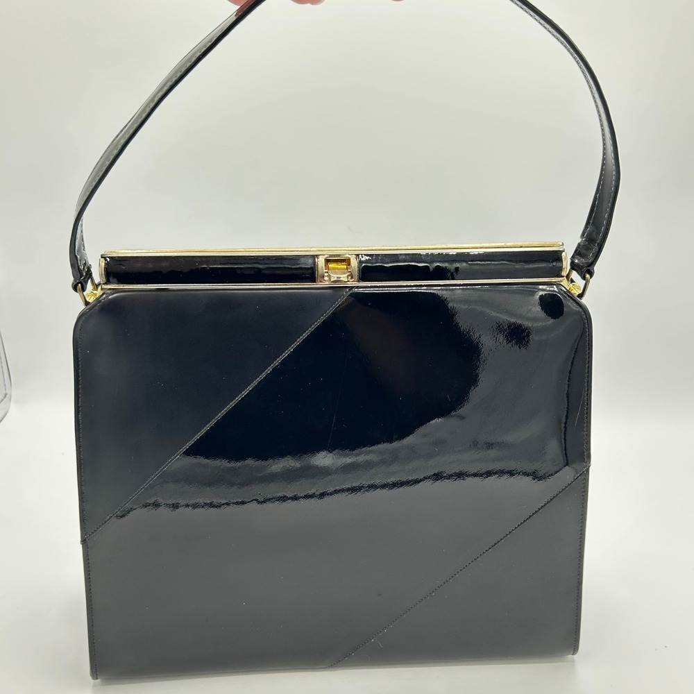 Vintage Life Stride Black Patent Leather Handbag Gold Hardware Purse - Picture 3 of 14